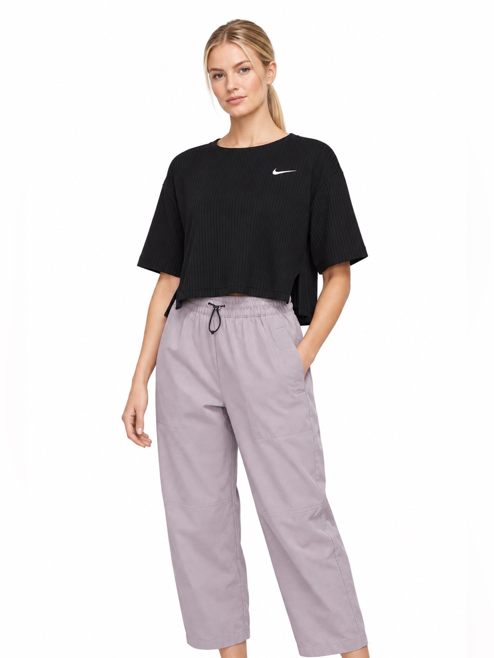 Nike Black Ribbed Cropped Tee with White Swoosh